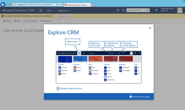 Microsoft CRM 2016 Home Page